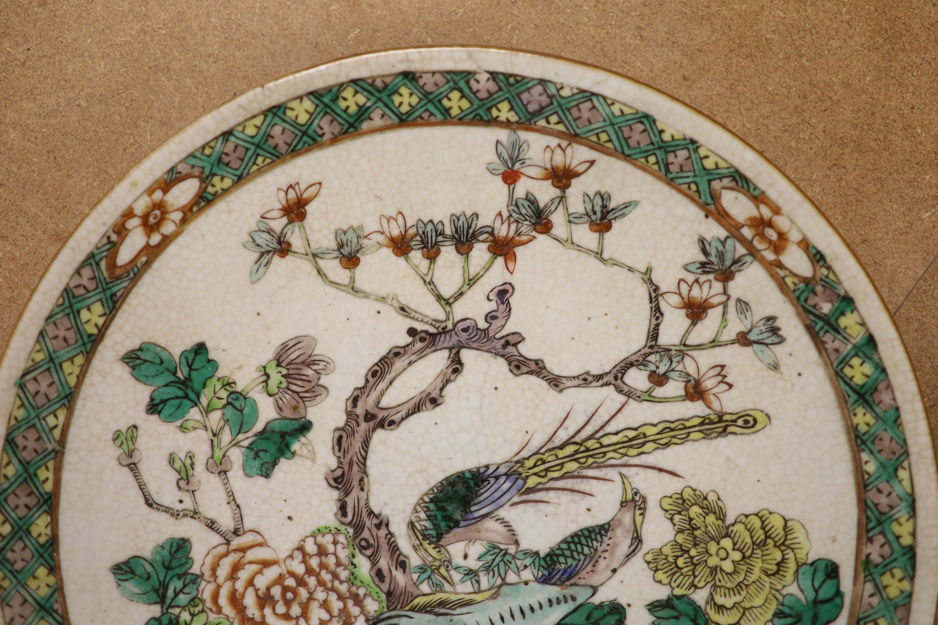 A 19th century Chinese famille verte crackle glaze dish and wood stand, diameter 35cm